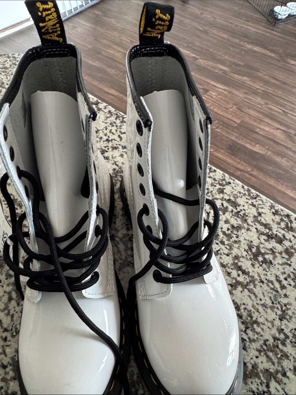 Dr. Martens White Leather Combat Boots with Yellow Stitching